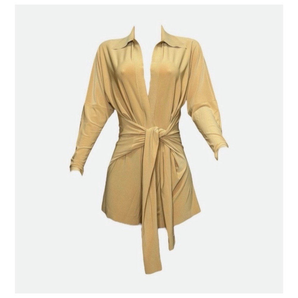 Norma Kamali Minimalist Tan Long Sleeve Tie Front Designer Romper Playsuit S - Picture 1 of 16